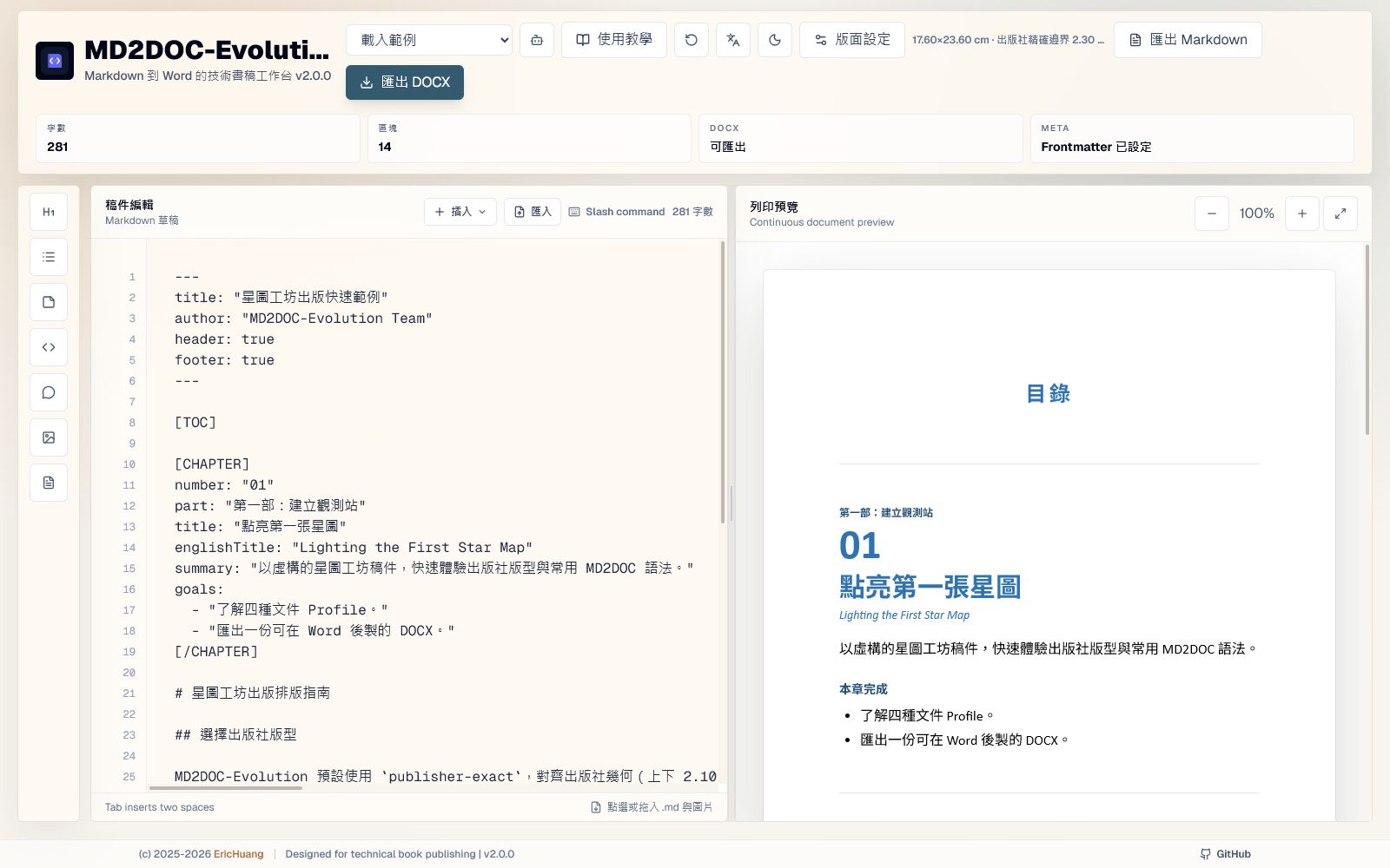 MD2DOC-Evolution 工作台畫面，左側是 Markdown 編輯器，右側是連續文件預覽，上方可選擇範例、版面設定與匯出 DOCX